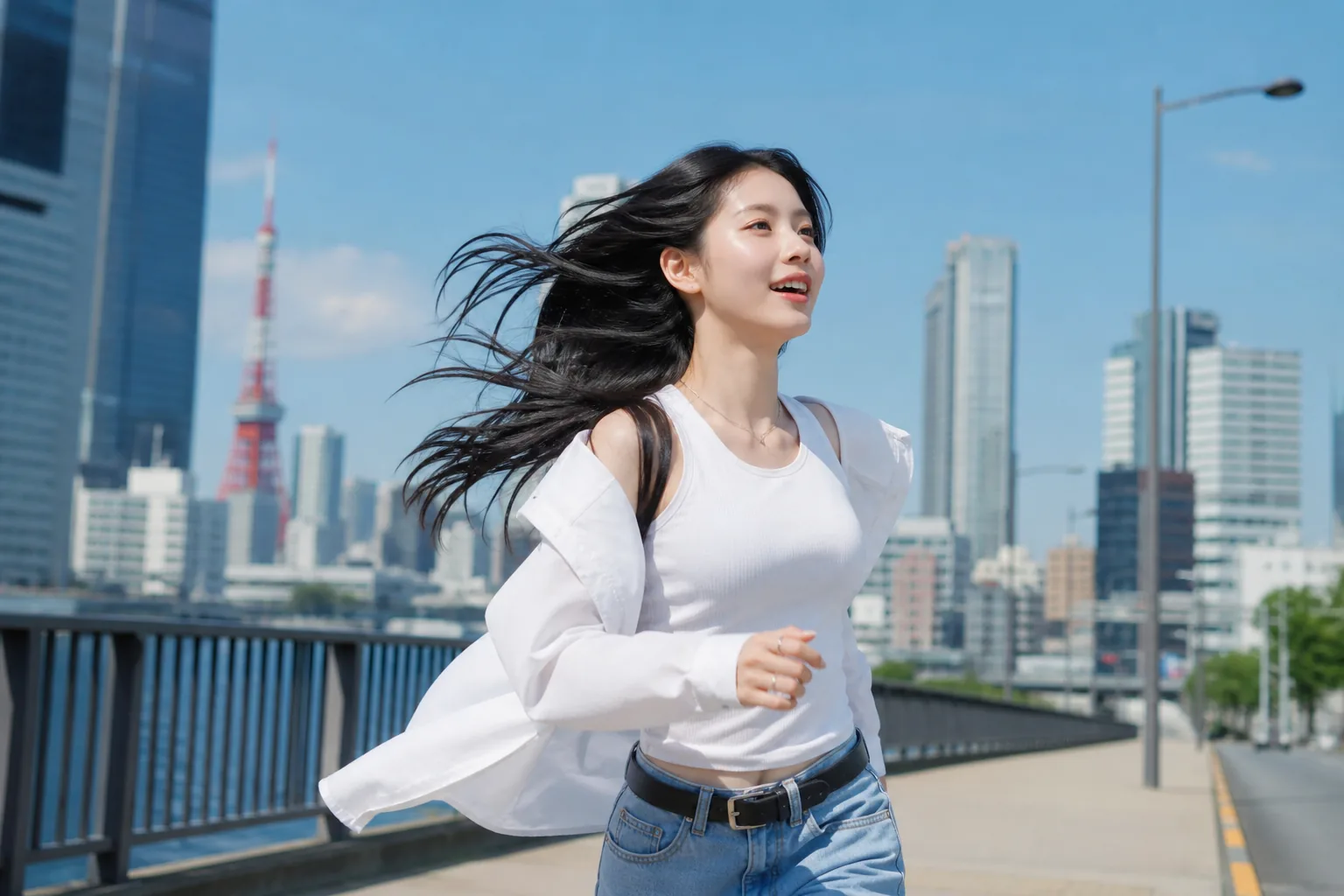 여름 햇살 아래 도쿄 거리를 달리는 여성 뮤지션 콘셉트