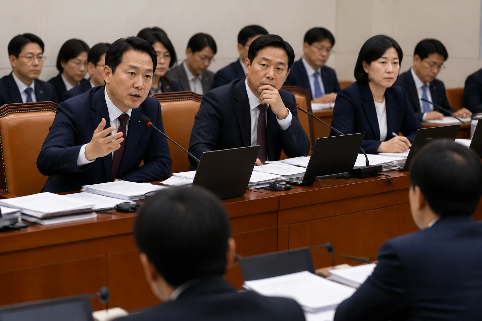국회에서 정책 발언을 하는 정치인 이미지
