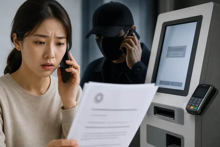 위조 공문과 키오스크 선구매 사기를 경고하는 이미지
