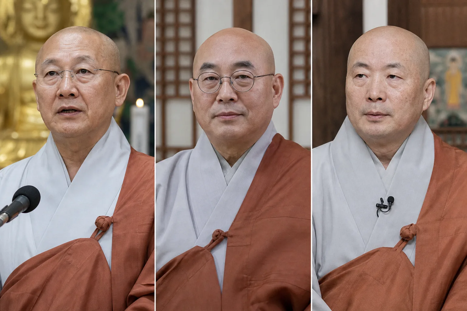 조계종 총무원장 후보 세 명의 경쟁 구도를 상징하는 이미지