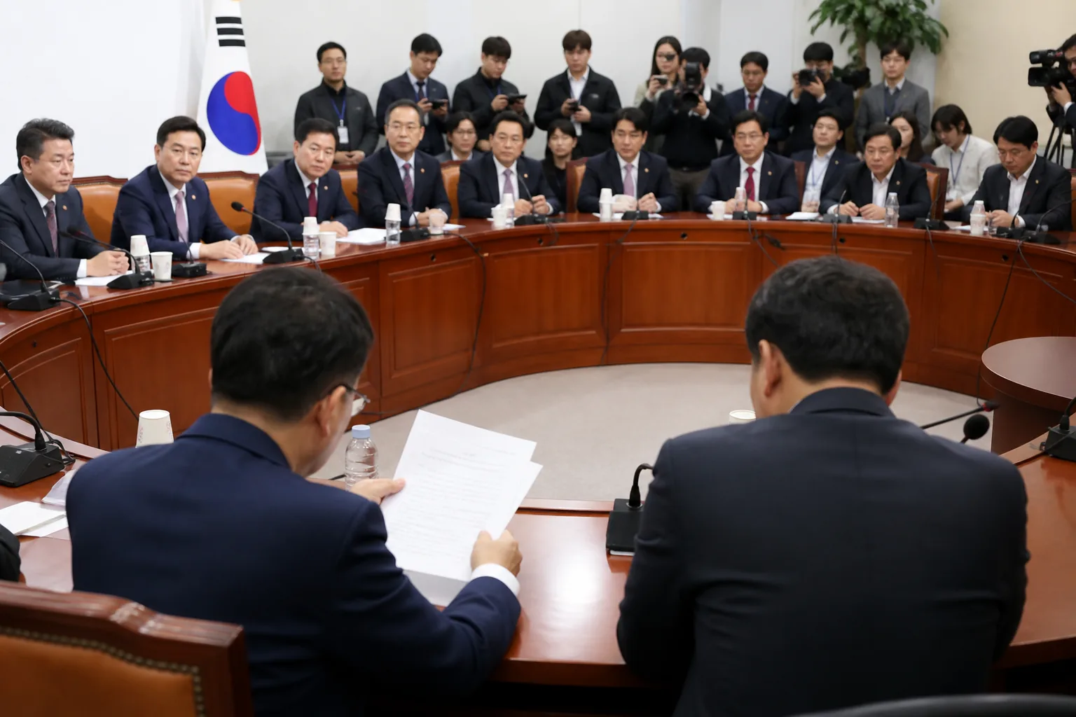 국회 정문 앞에서 당 대표 퇴진 서명 명부를 공개하는 책임당원들