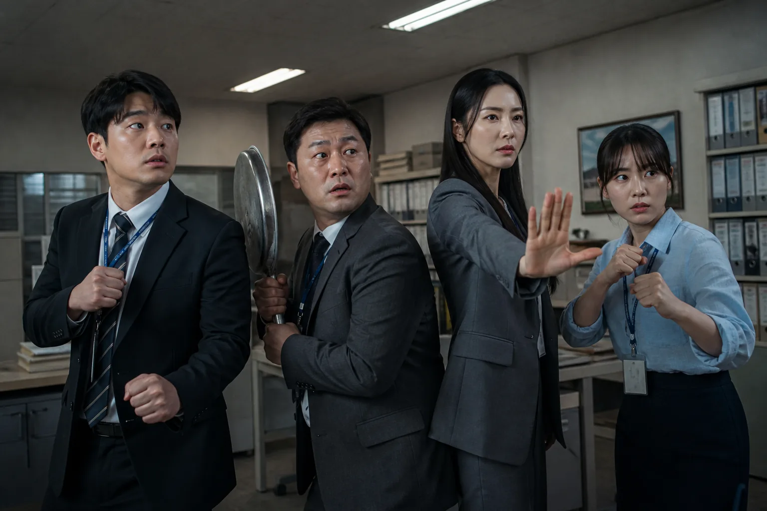 은행 지점 동료들이 외딴 섬 워크숍 장소에서 수상한 봉인을 발견하는 장면