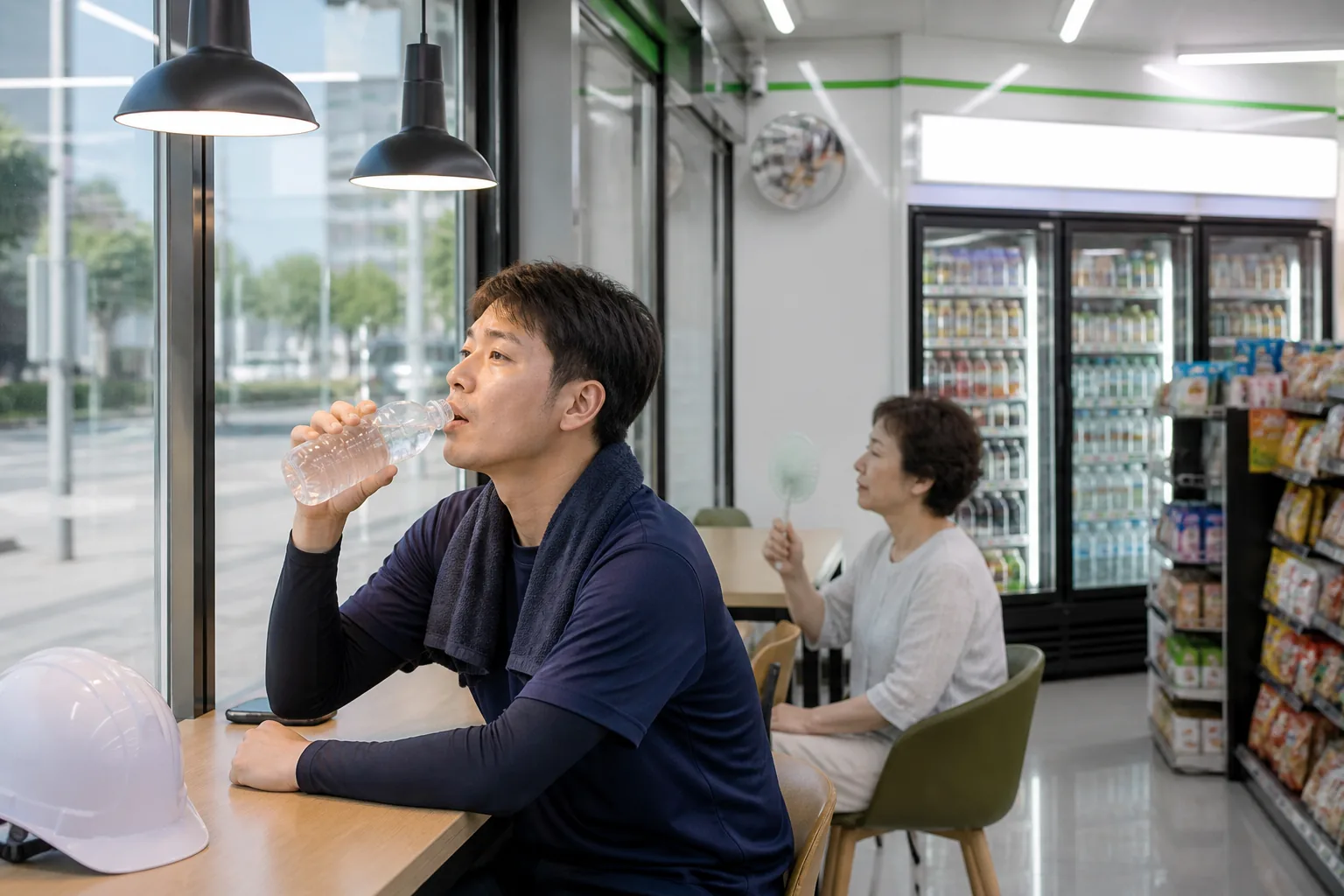 당진 시민이 무더위를 피해 편의점 실내 휴게공간에서 물을 마시는 모습