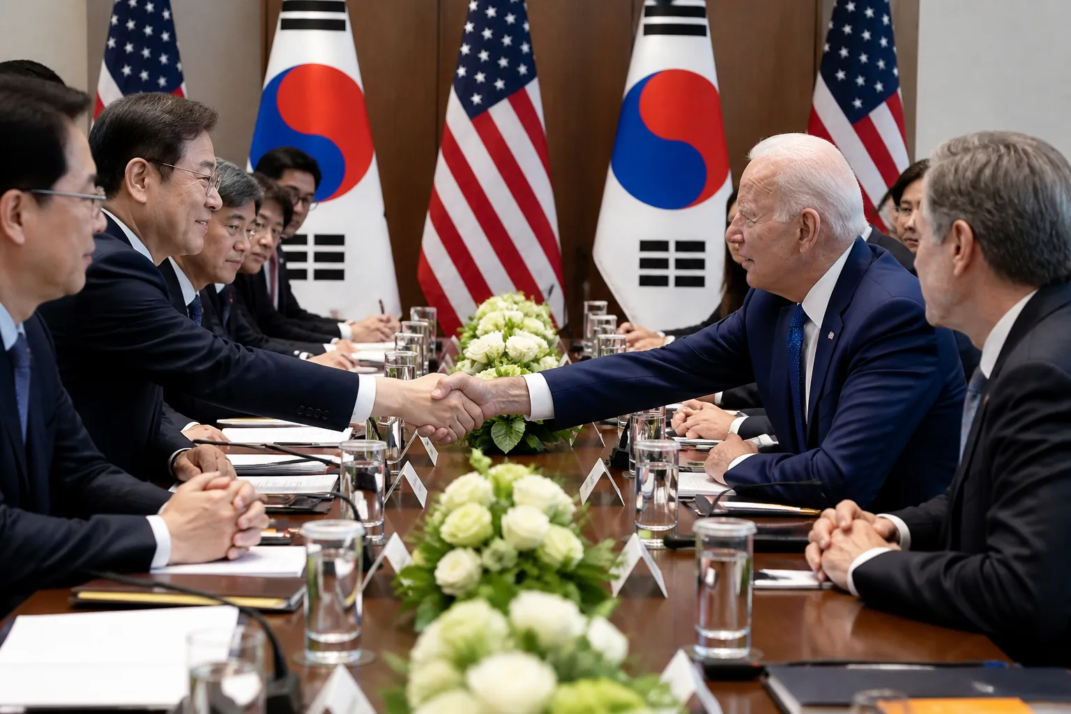 정부와 기업인이 글로벌 기술 협력을 논의하는 이미지