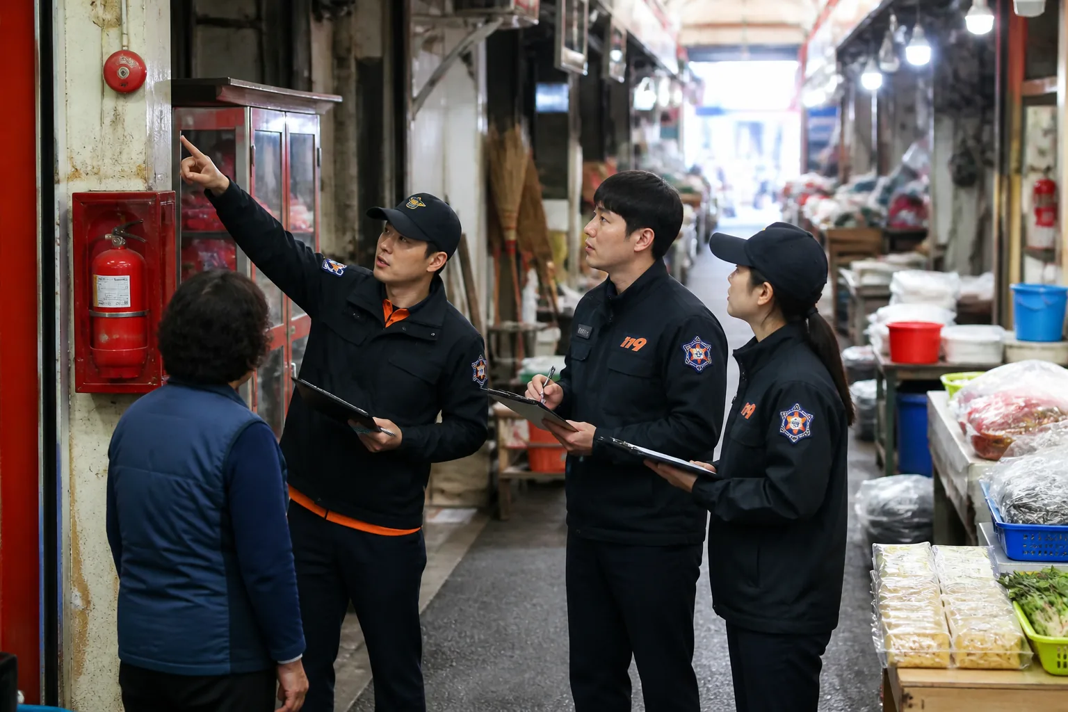 시장 상인이 소화기와 대피로를 점검하는 모습