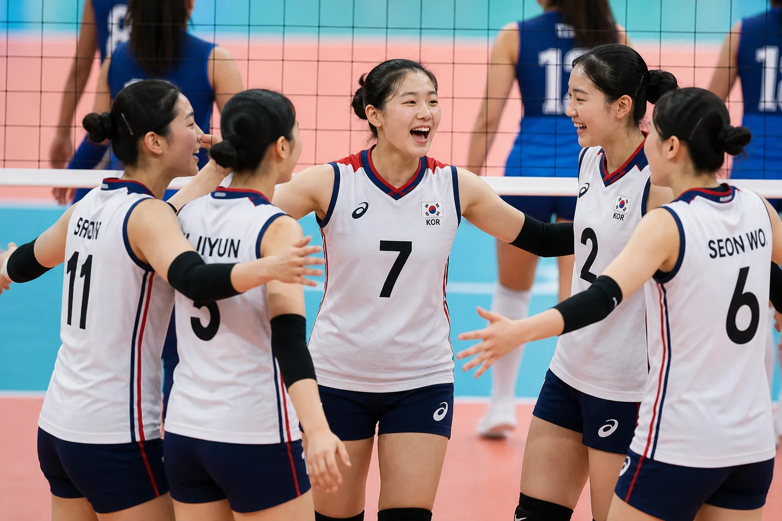 한국 청소년 여자배구 선수가 강한 공격을 시도하는 모습