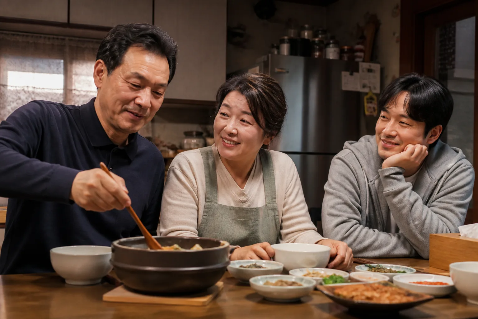 부엌에서 처음 집밥을 만드는 아버지와 가족의 모습