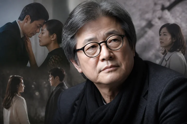 한국 드라마 촬영 현장과 고인을 추모하는 이미지