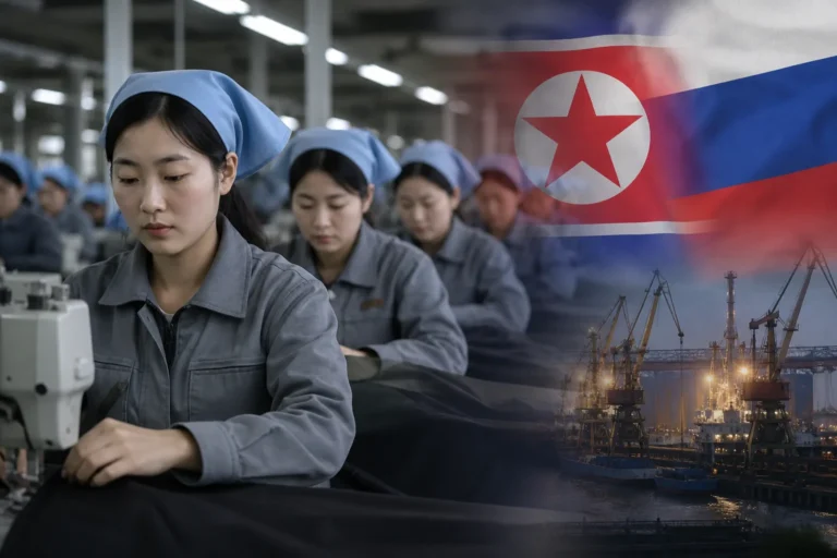 러시아 산업 현장과 북한 해외 노동 문제를 표현한 이미지