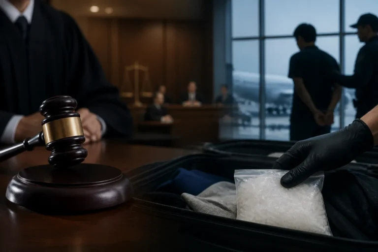 공항 수하물 검사와 형사재판을 표현한 이미지