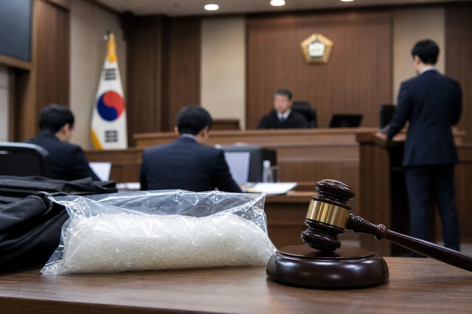 법정에서 증거와 고의를 심리하는 모습을 표현한 이미지