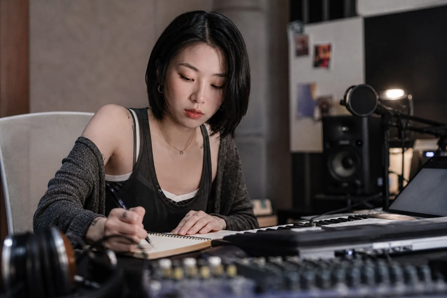 그룹 무대와 개인 작업실을 오가는 여성 가수 이미지