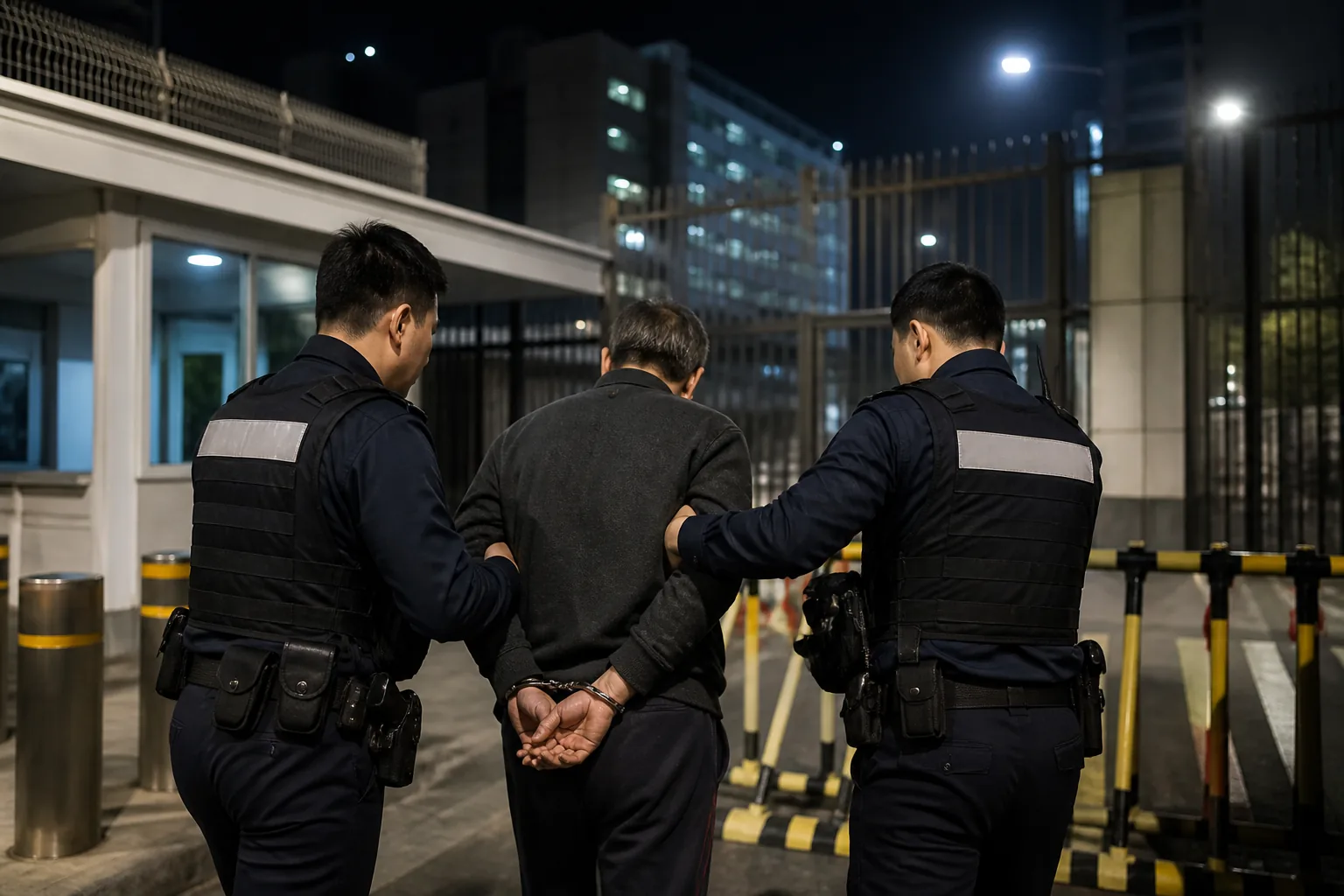 야간 외교시설 출입구를 지키는 보안 인력
