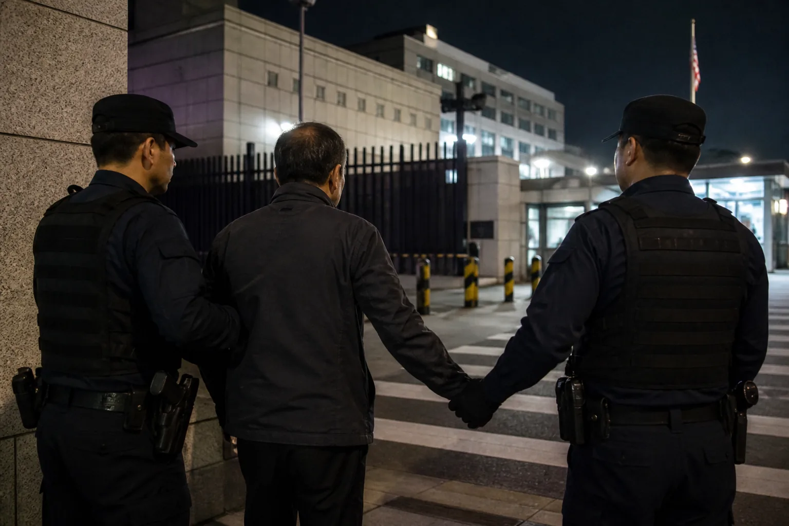 경찰이 외교시설 주변 현장을 점검하는 모습