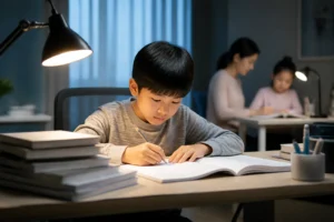 여름방학에도 책상에서 공부하는 중국 학생