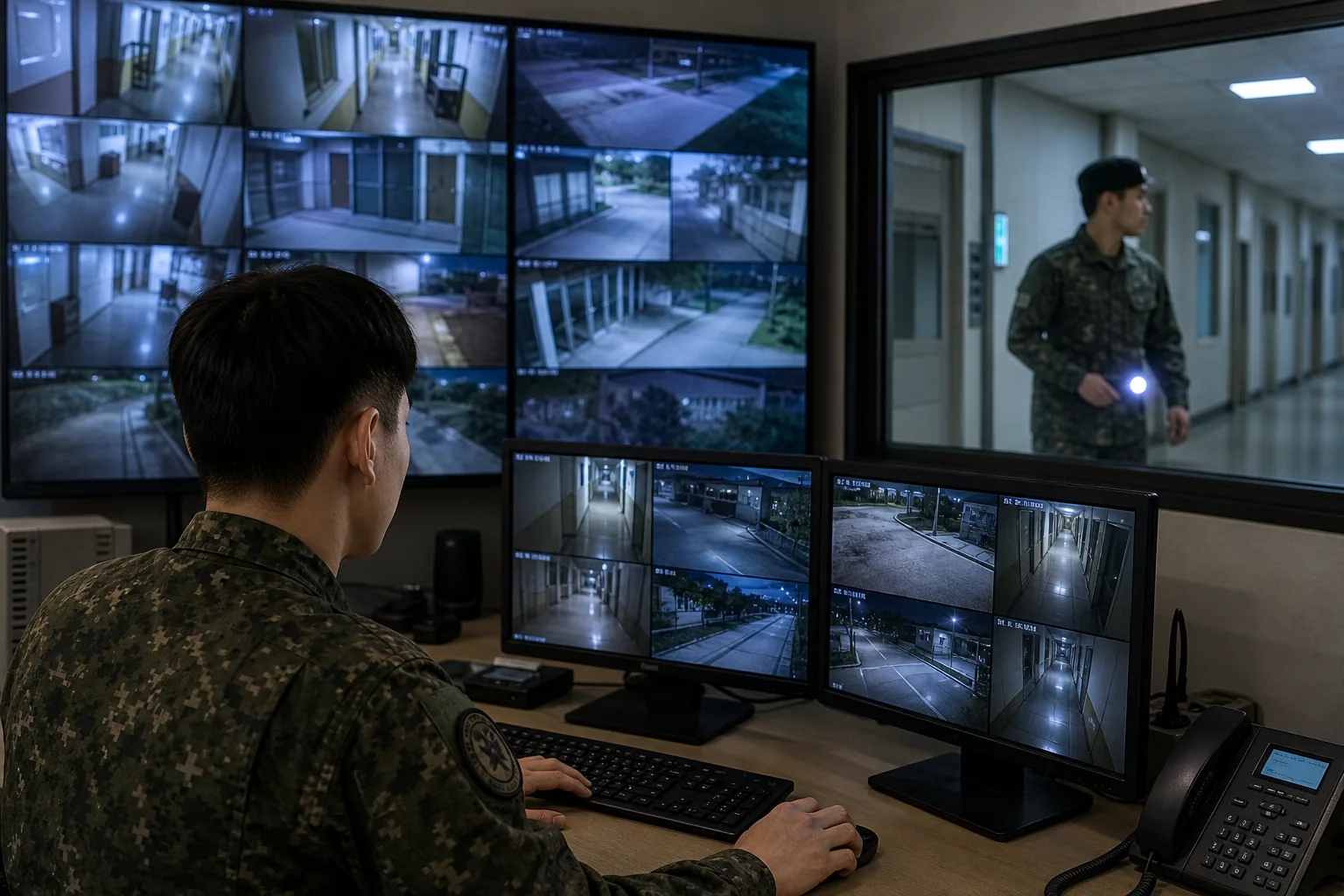 군 생활관 복도 CCTV와 야간 근무자를 표현한 이미지
