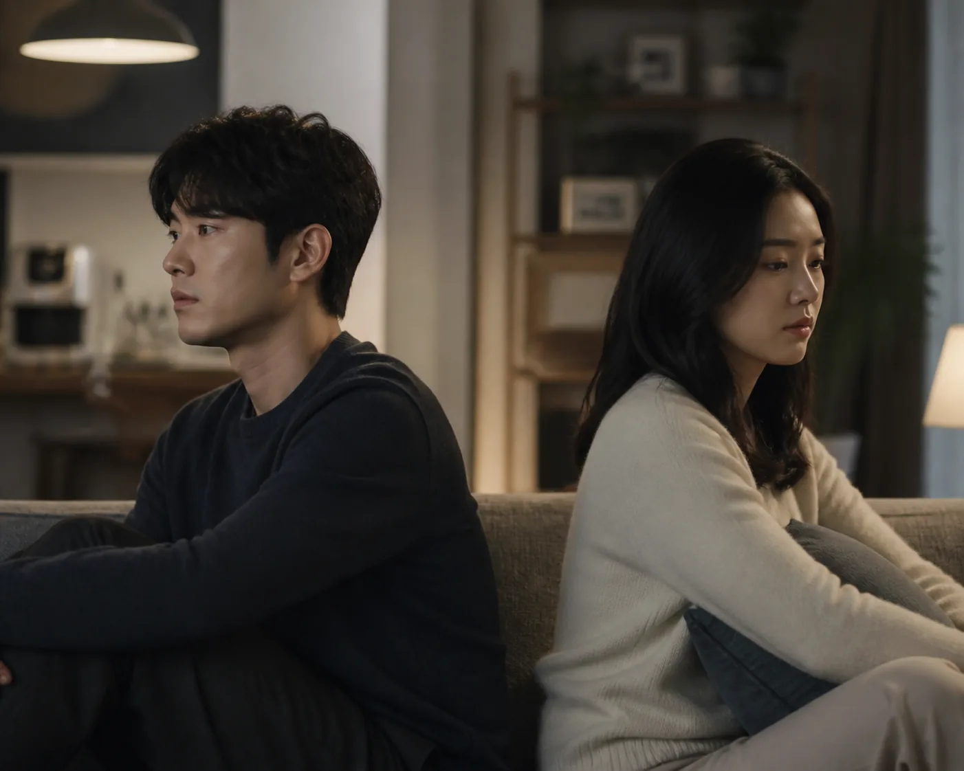 갈림길에서 서로 다른 방향을 보는 연인을 표현한 이미지