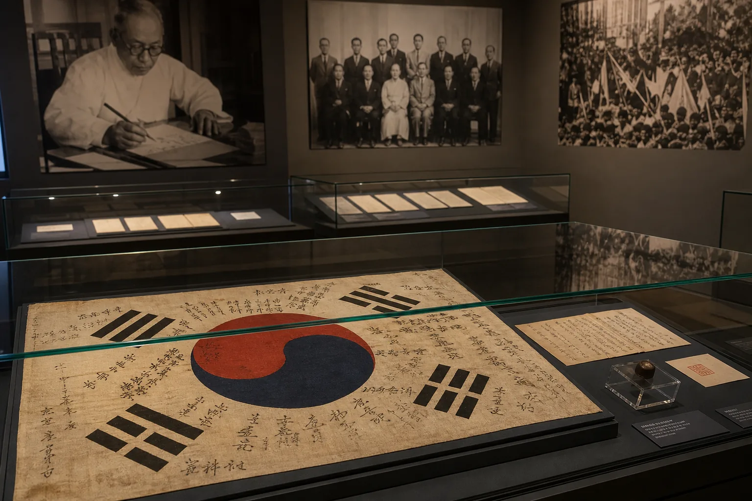 김구 서명문 태극기와 독립운동 자료 전시를 표현한 이미지