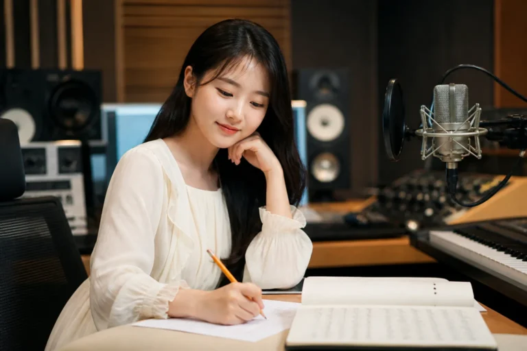 자연 속에서 자작곡 앨범을 준비하는 여성 가수 이미지