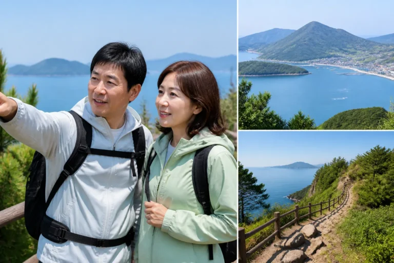 여수 섬 해안길을 여행하는 중년 부부