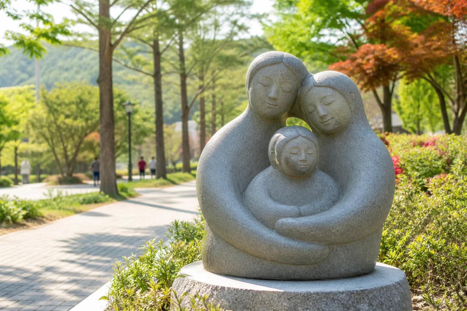 도심 근린공원 산책로에 배치된 가족 조각 작품