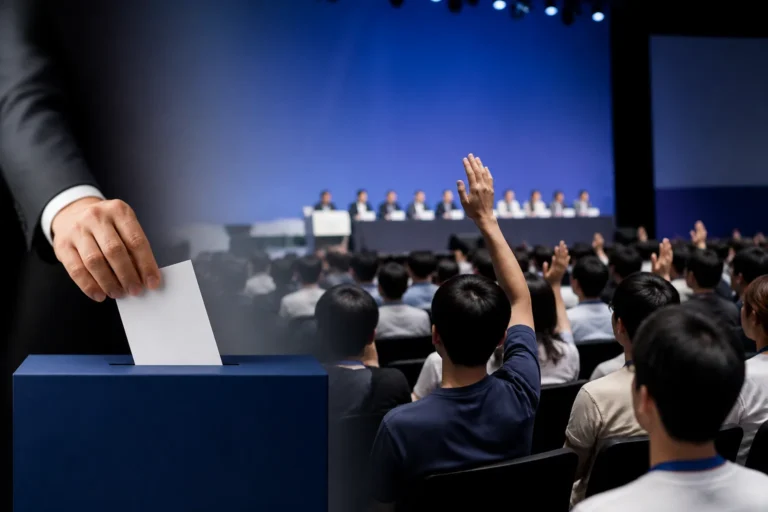 청년 당원들의 정당 의사결정 참여 문제를 상징하는 회의 장면