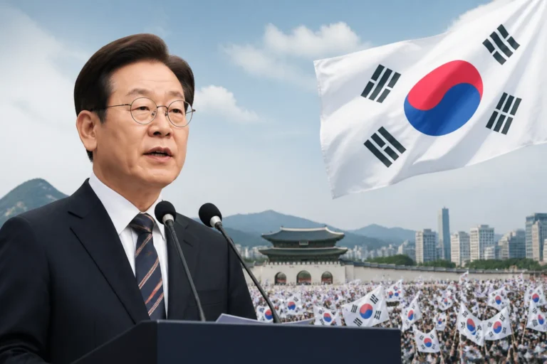 제81주년 광복절 경축식 연단과 태극기를 담은 전경