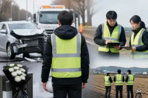 도로 인접 농지에서 현장 조사를 수행하는 조사원의 안전을 표현한 이미지