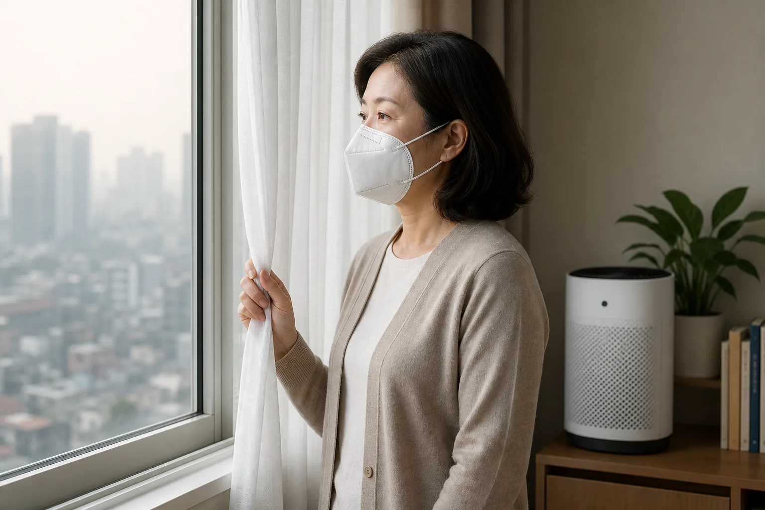 미세먼지가 높은 날 마스크를 쓰고 실내 활동을 선택하는 중장년 여성