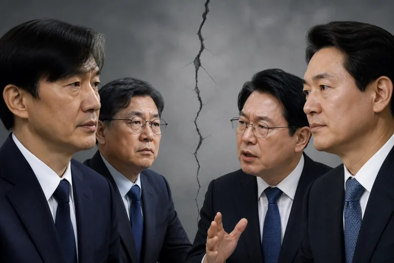 국회에서 서로 다른 방향을 바라보는 범여권 정치인들