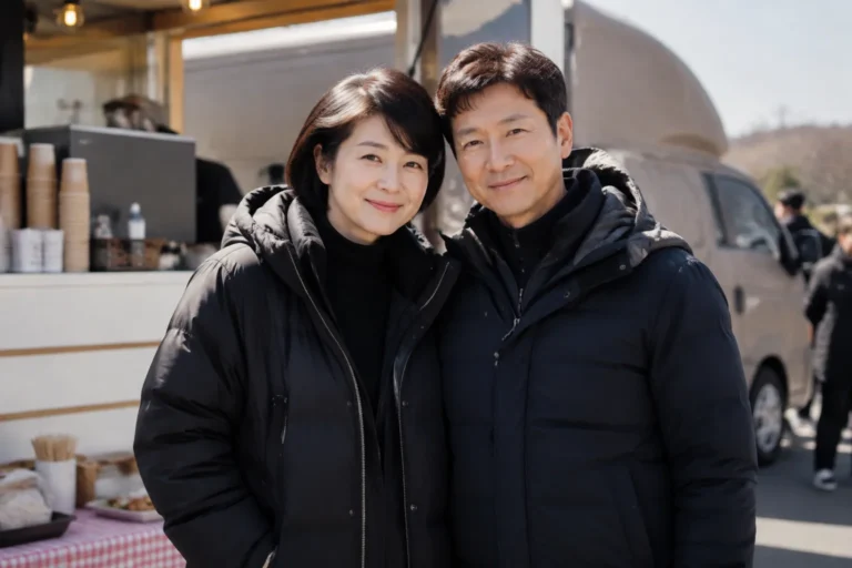 방송 촬영 현장에 도착한 커피차와 분식차 앞에서 웃는 출연진