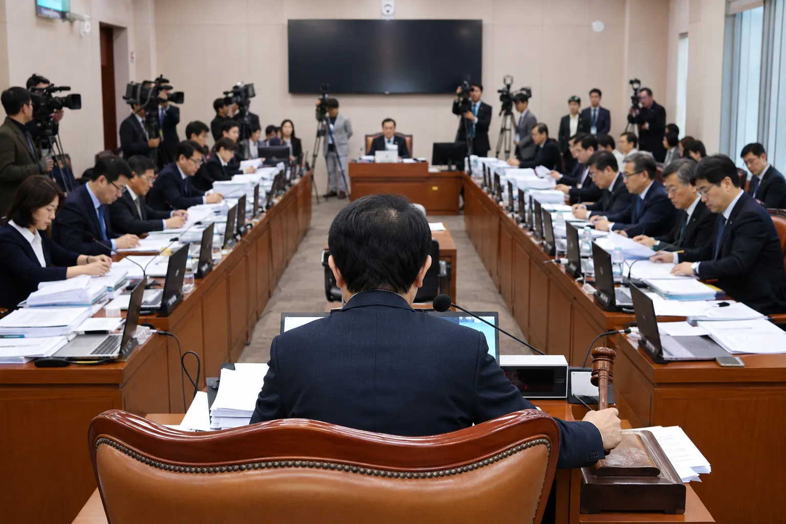 국회에서 정부 예산안을 검토하는 여야 의원들