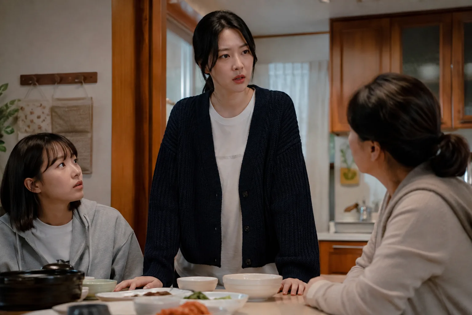 가족 문제를 홀로 해결하다 지친 장녀가 생각에 잠긴 이미지
