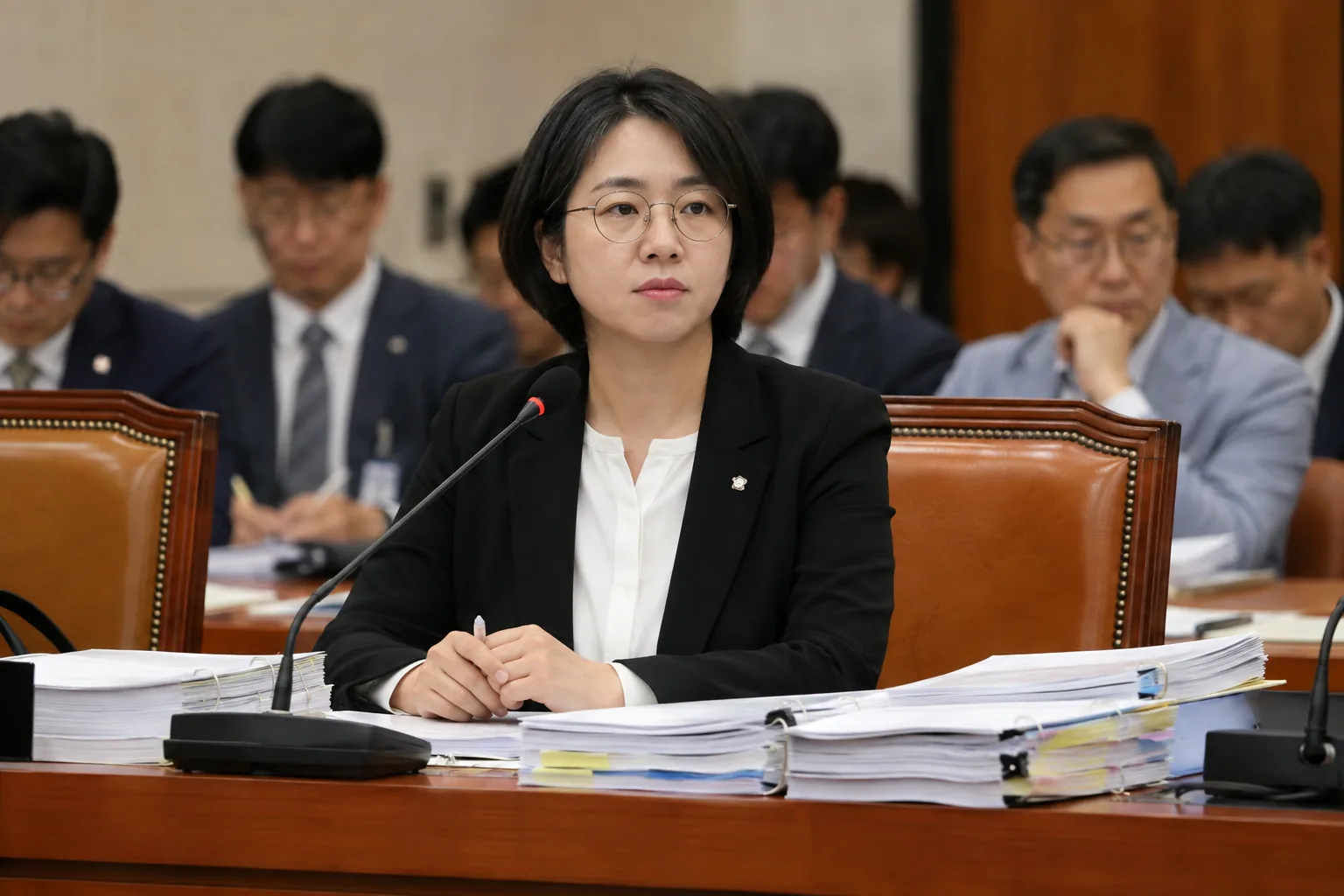 국회 인사청문회 준비실에서 자료를 검증하는 모습을 표현한 이미지