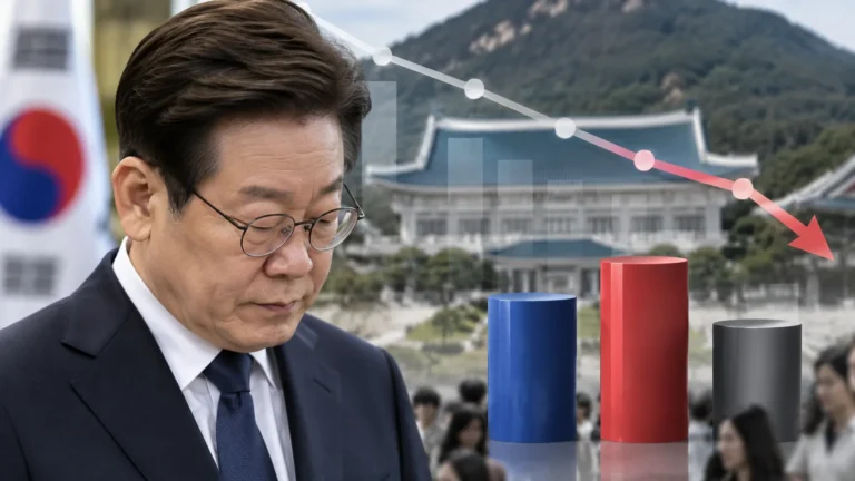 이 대통령 지지율 33.8%, 9주 연속 하락…민주 36.1%·국힘 42.1%ㅣ리얼미터 관련 정치 뉴스 대표 이미지