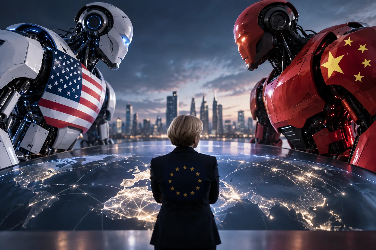 美·中 AI ‘고래 싸움’에…ECB 수장 “유럽, 종속 또는 성장포기 ‘곤란한 선택’ 직면” 핵심 내용을 시각화한 이미지