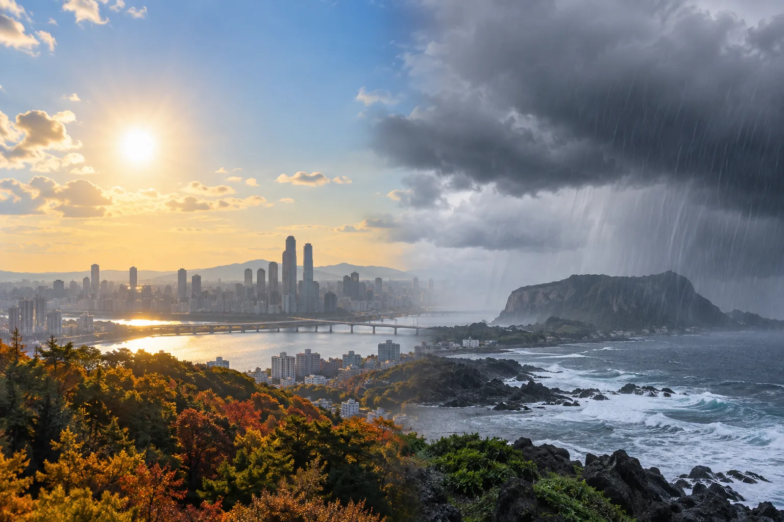 전국 일교차 최대 15도…제주 최대 80㎜ 이상 비 소식 핵심 내용을 시각화한 이미지