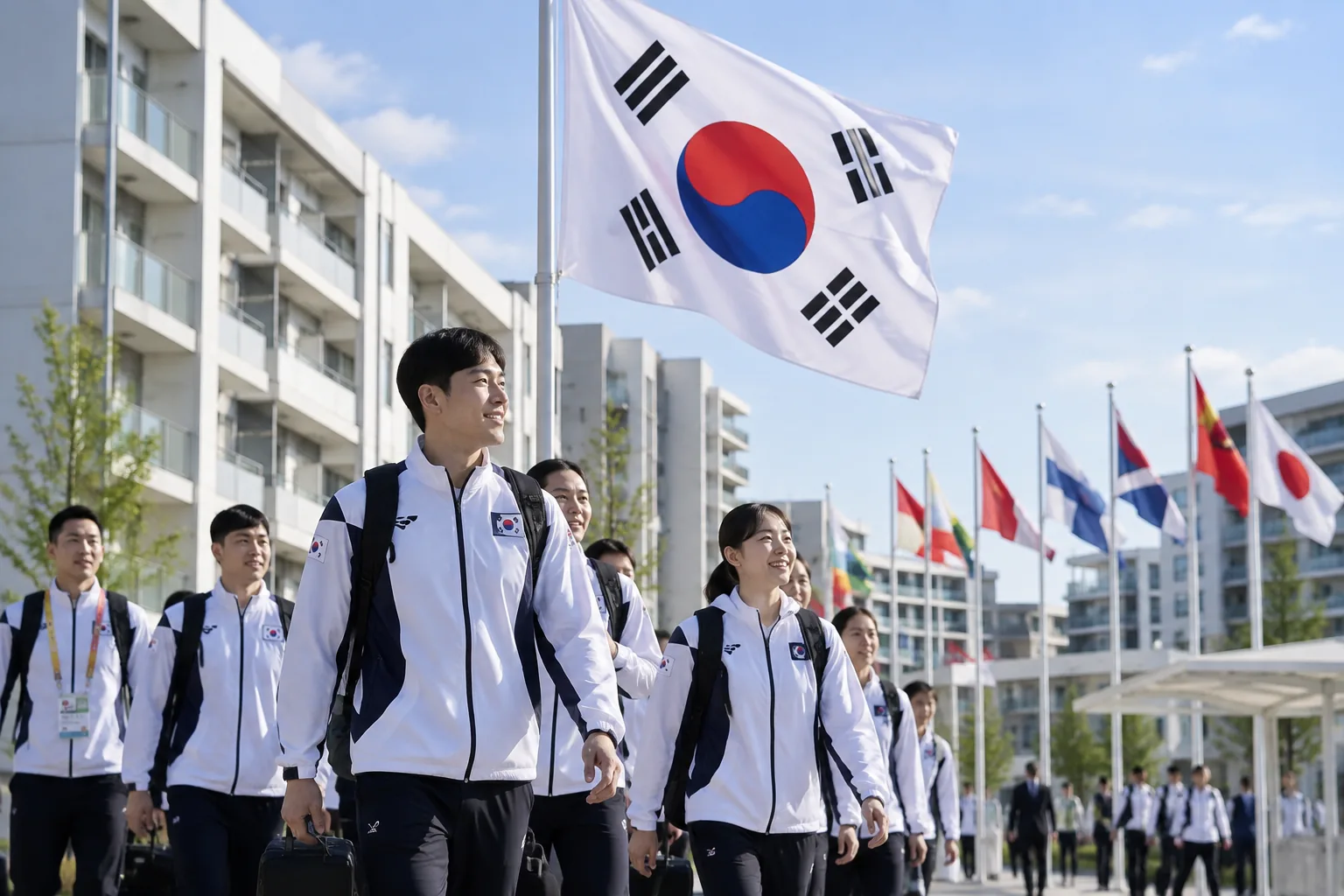 [아시안게임] 나고야에 힘차게 게양된 태극기…한국 선수단 공식 입촌 핵심 내용을 시각화한 이미지