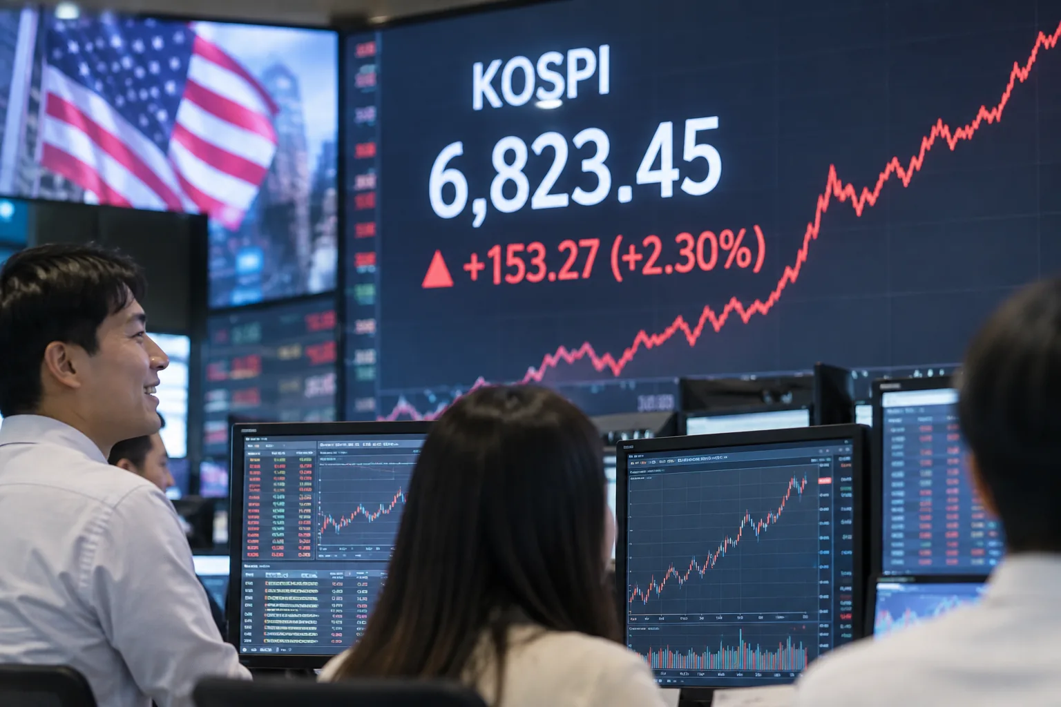 코스피, 美증시 훈풍에 2%대 올라 6800대… 반도체 투톱 쌍끌이 배경과 파장을 설명하는 이미지