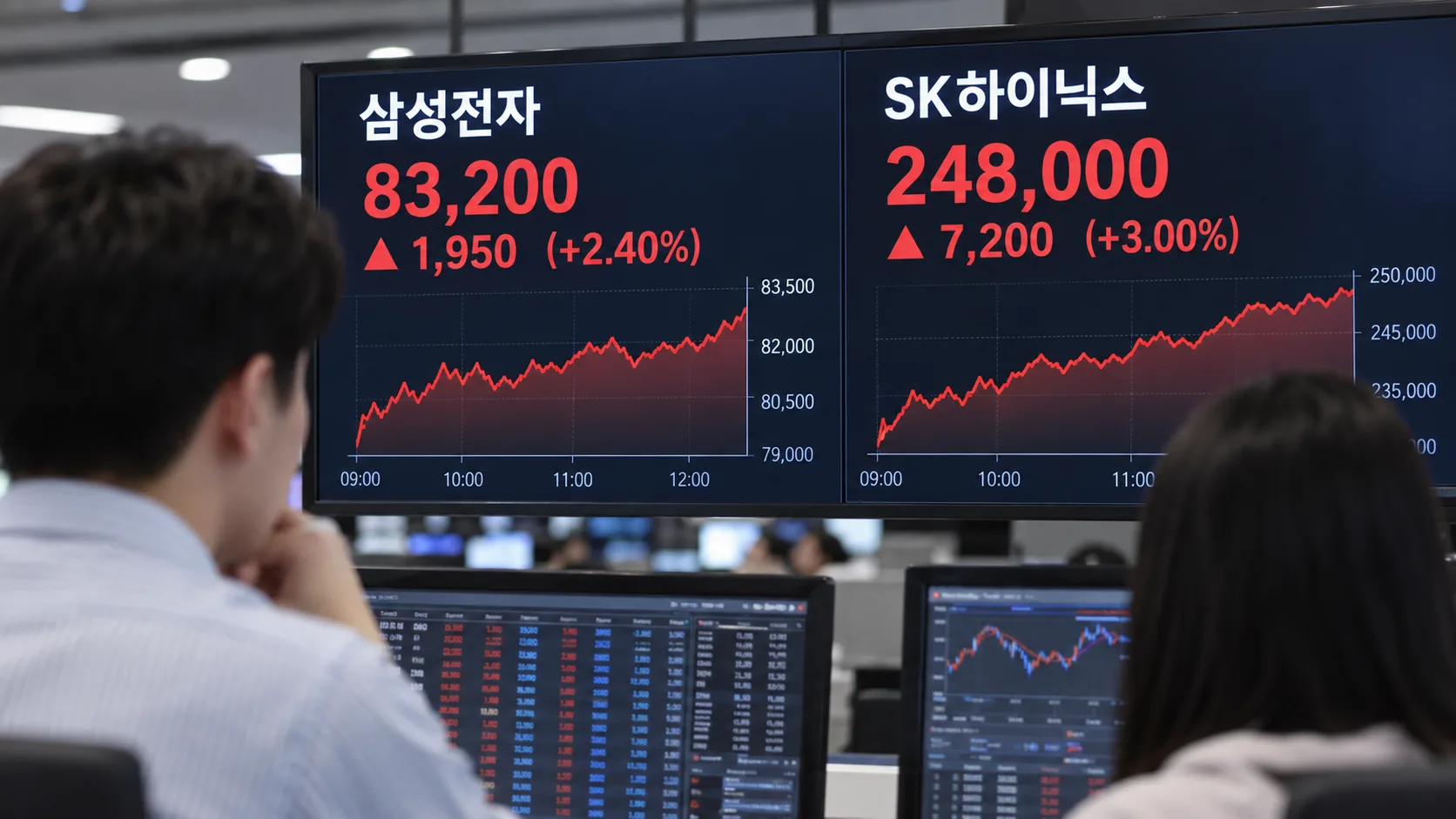 [특징주] 삼성전자, 장초반 2.4% 급등…SK하이닉스는 3% 뛰어 핵심 내용을 시각화한 이미지