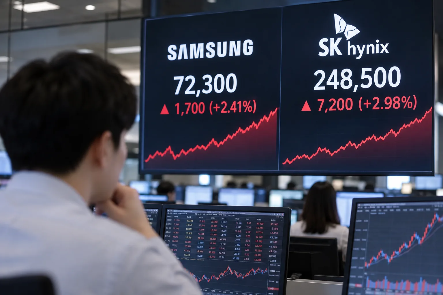 [특징주] 삼성전자, 장초반 2.4% 급등…SK하이닉스는 3% 뛰어 배경과 파장을 설명하는 이미지